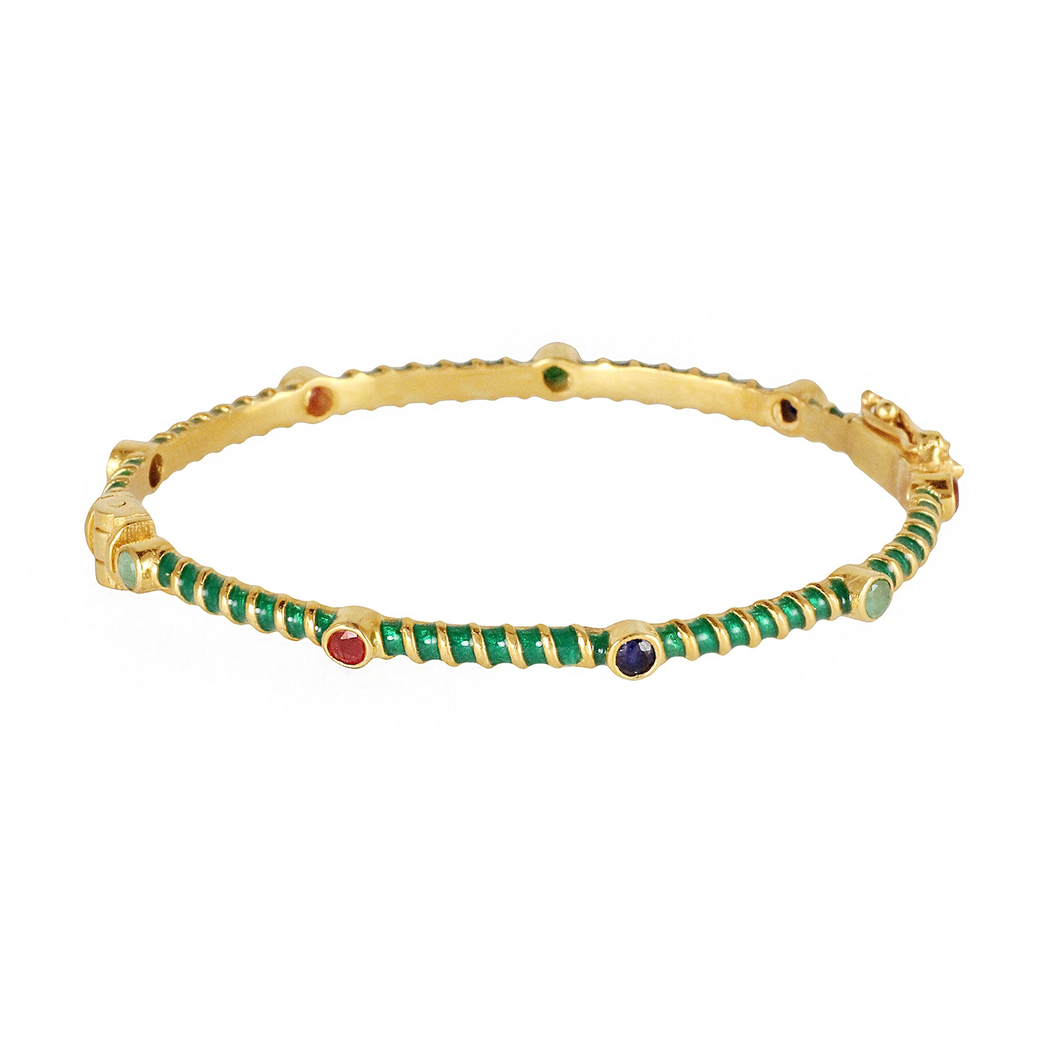 Silver gold plated with green enamel bracelet bangle together with semi precious stones made in India