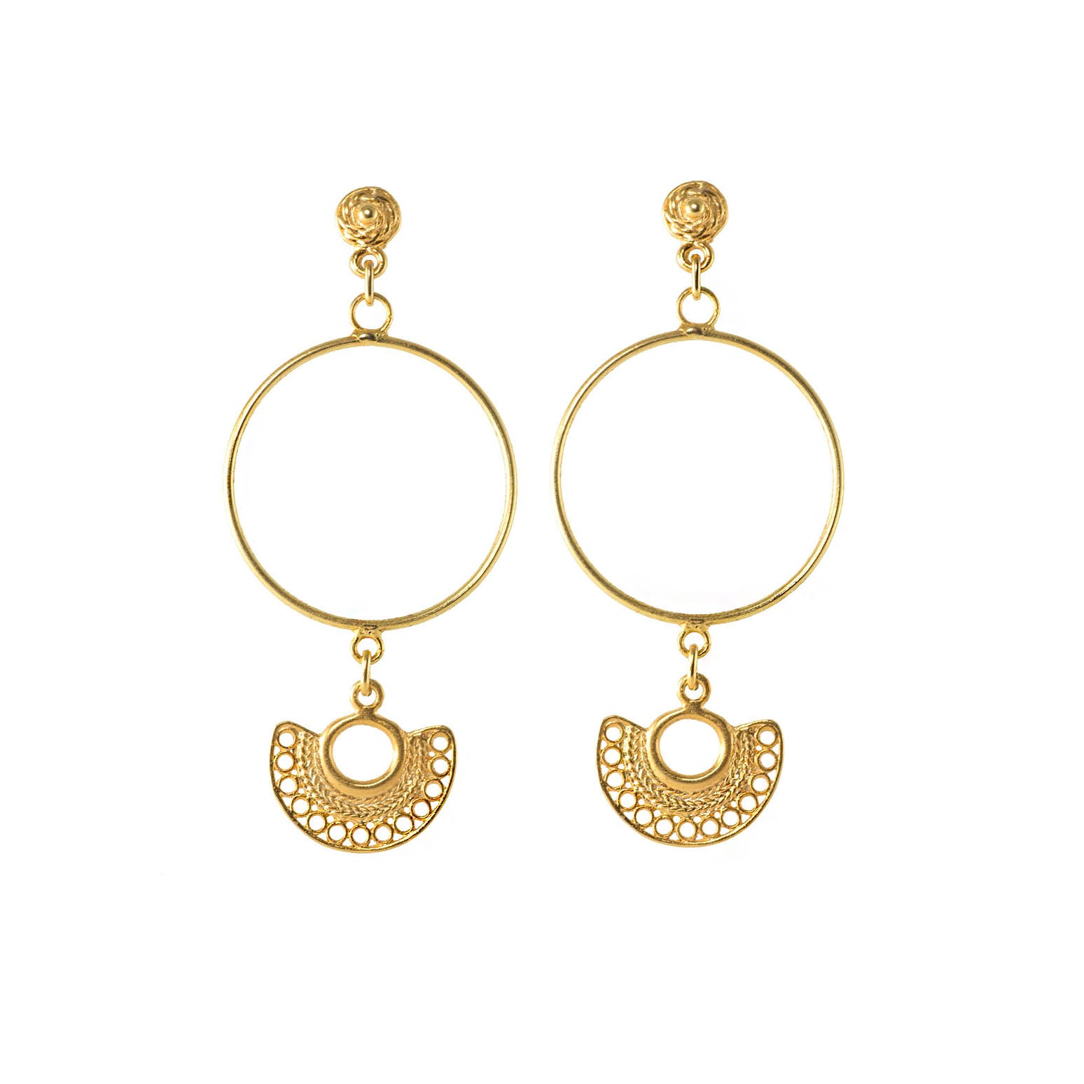 These earrings are a reproduction of pre-colombian jewellery found in the Americas before the Conquistadors arrived. Much of the gold was melted and shipped back to Spain but what little survived can be found in the Museums of Pre-Colombian art in the region. These earrings take on pre-colombian elements and reassemble them into earrings.