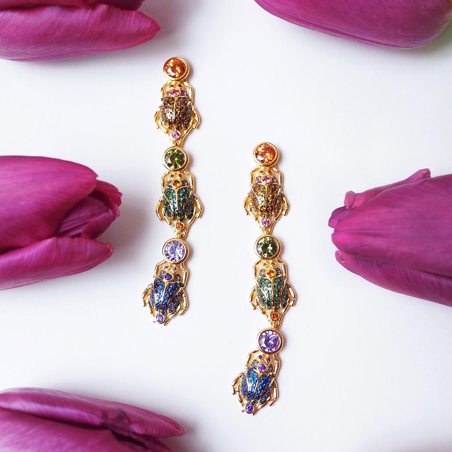 sliver gold plated beetles scarab earrings with colourful CUBIC ZIRCONIA gems stone from Hong Kong