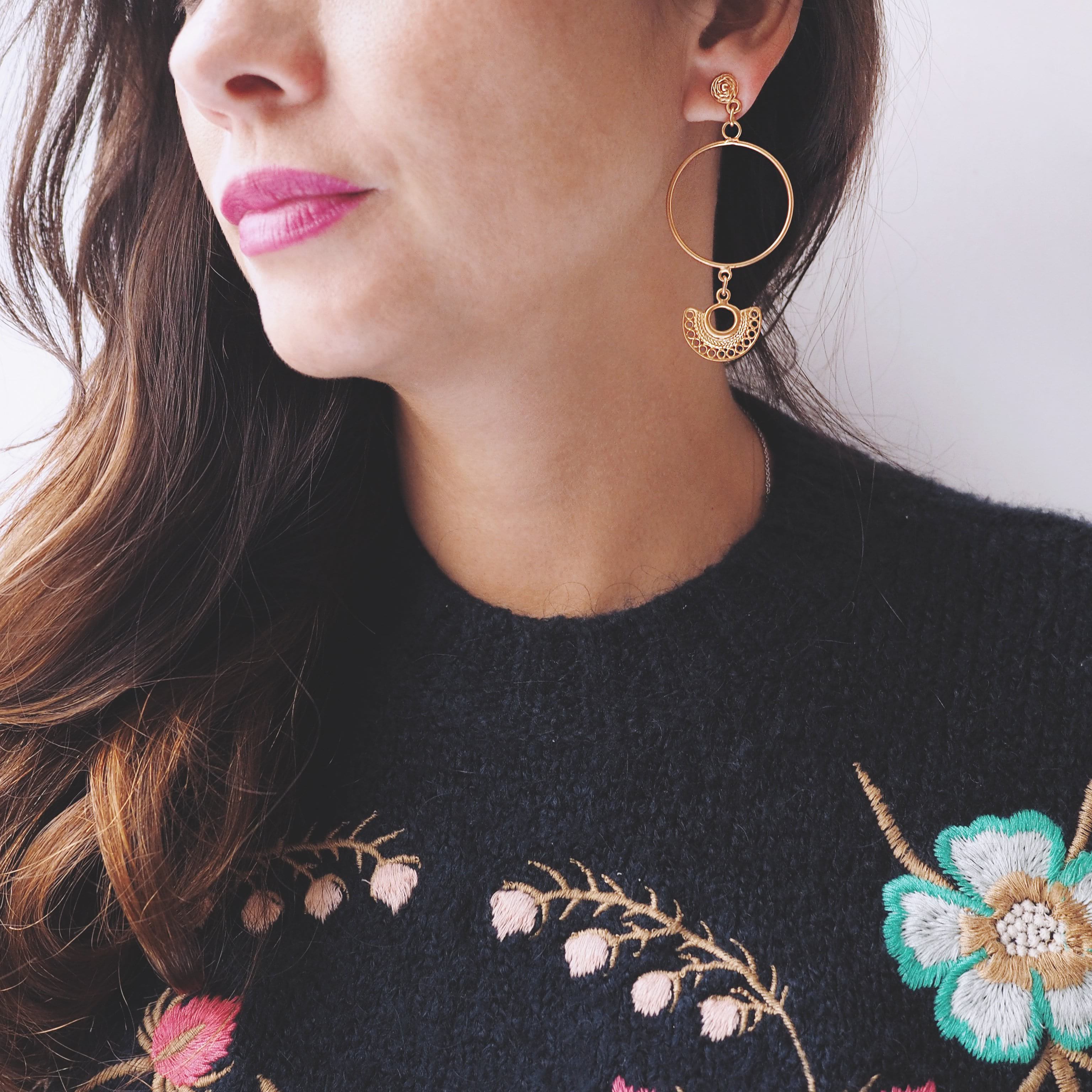These earrings are a reproduction of pre-colombian jewellery found in the Americas before the Conquistadors arrived. Much of the gold was melted and shipped back to Spain but what little survived can be found in the Museums of Pre-Colombian art in the region. These earrings take on pre-colombian elements and reassemble them into earrings.