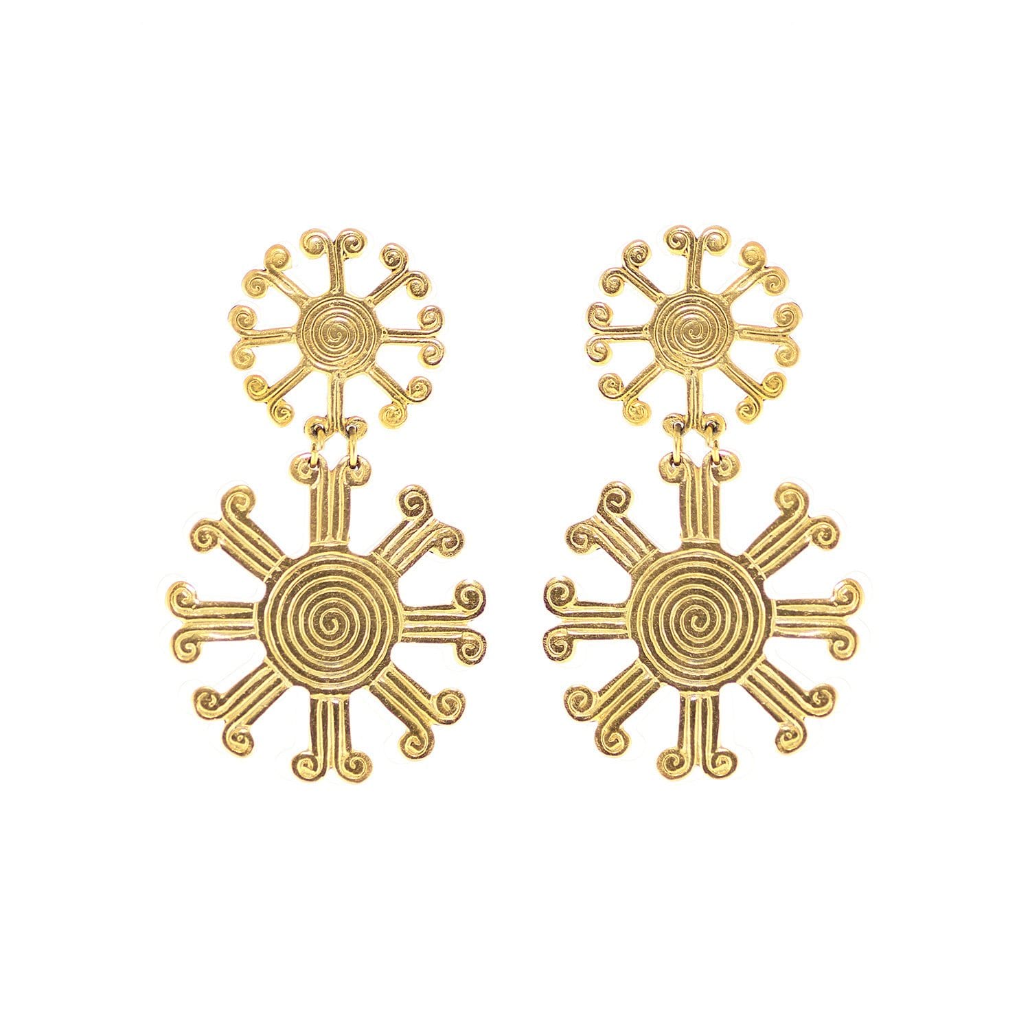 These earrings are a reproduction of pre-colombian jewellery found in the Americas before the Conquistadors arrived. Much of the gold was melted and shipped back to Spain but what little survived can be found in the Museums of Pre-Colombian art in the region. These earrings take on pre-colombian elements and reassemble them into earrings.