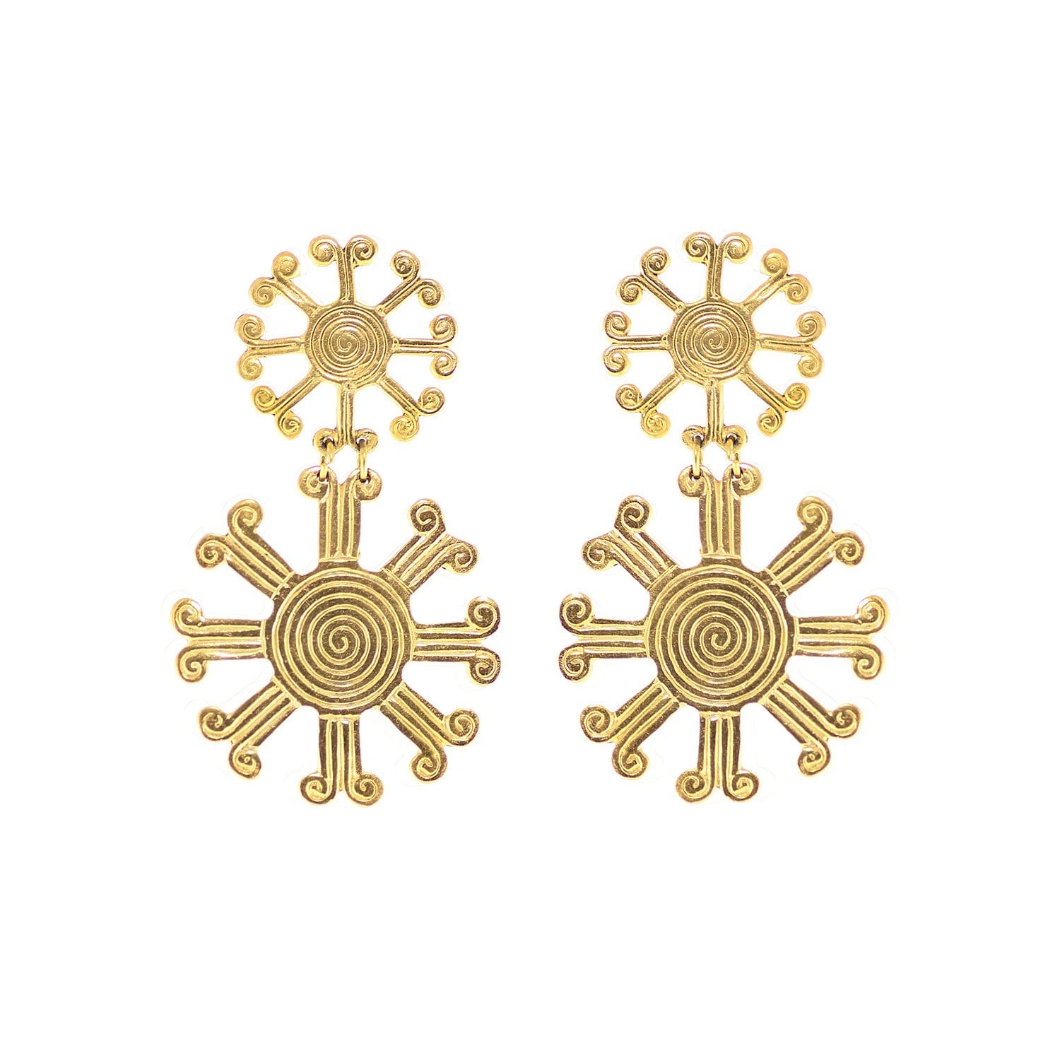 These earrings are a reproduction of pre-colombian jewellery found in the Americas before the Conquistadors arrived. Much of the gold was melted and shipped back to Spain but what little survived can be found in the Museums of Pre-Colombian art in the region. These earrings take on pre-colombian elements and reassemble them into earrings.