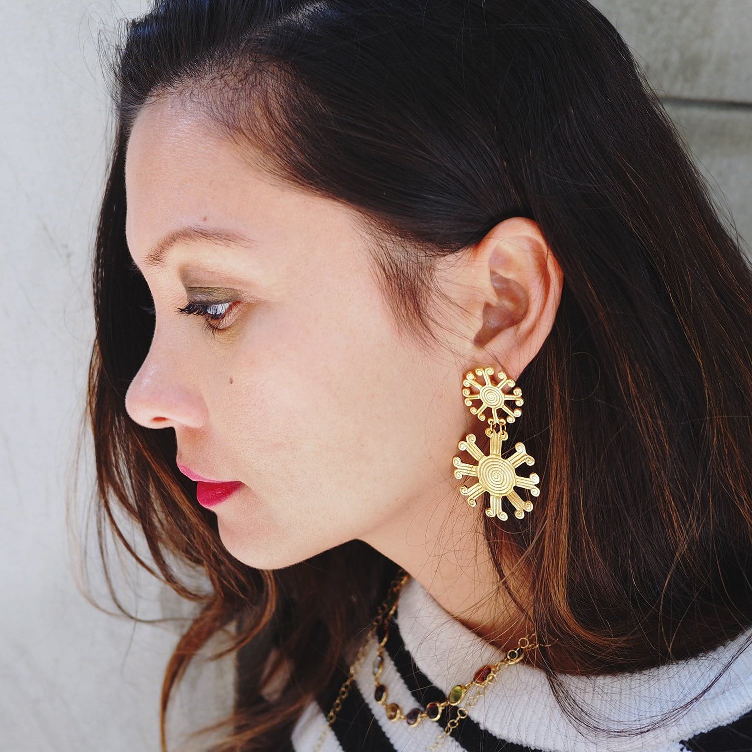 These earrings are a reproduction of pre-colombian jewellery found in the Americas before the Conquistadors arrived. Much of the gold was melted and shipped back to Spain but what little survived can be found in the Museums of Pre-Colombian art in the region. These earrings take on pre-colombian elements and reassemble them into earrings.