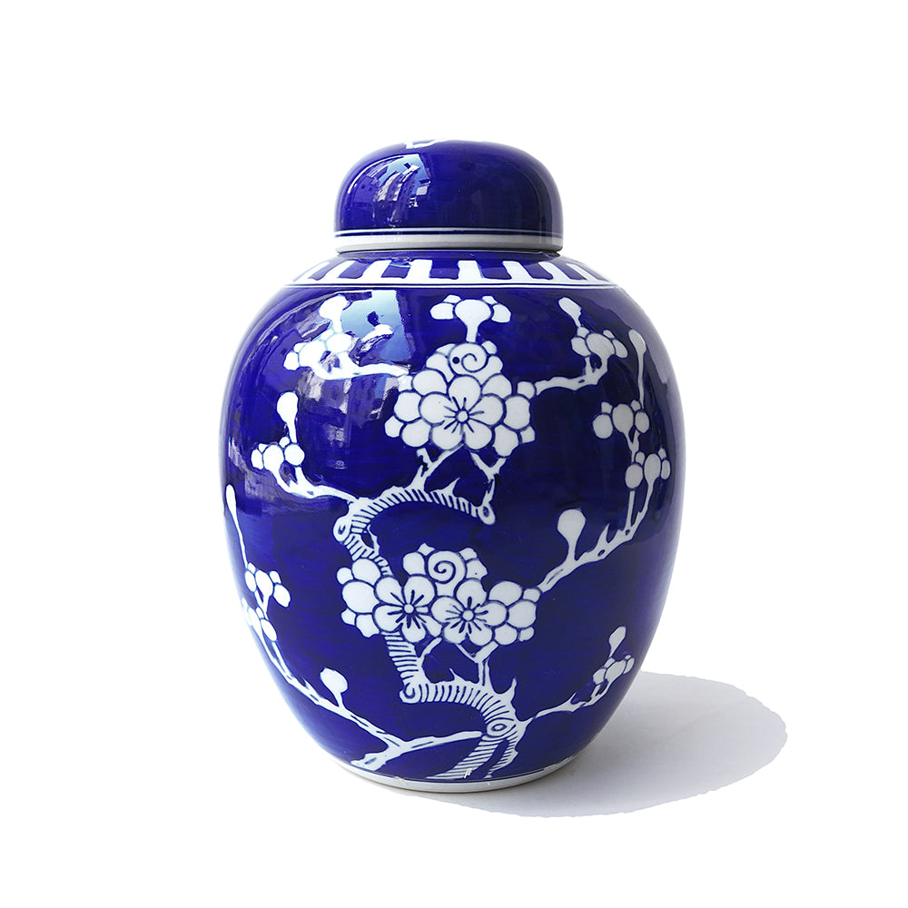 Chinese hand made round ceramic blue cherry blossom Ginger Jar and vase