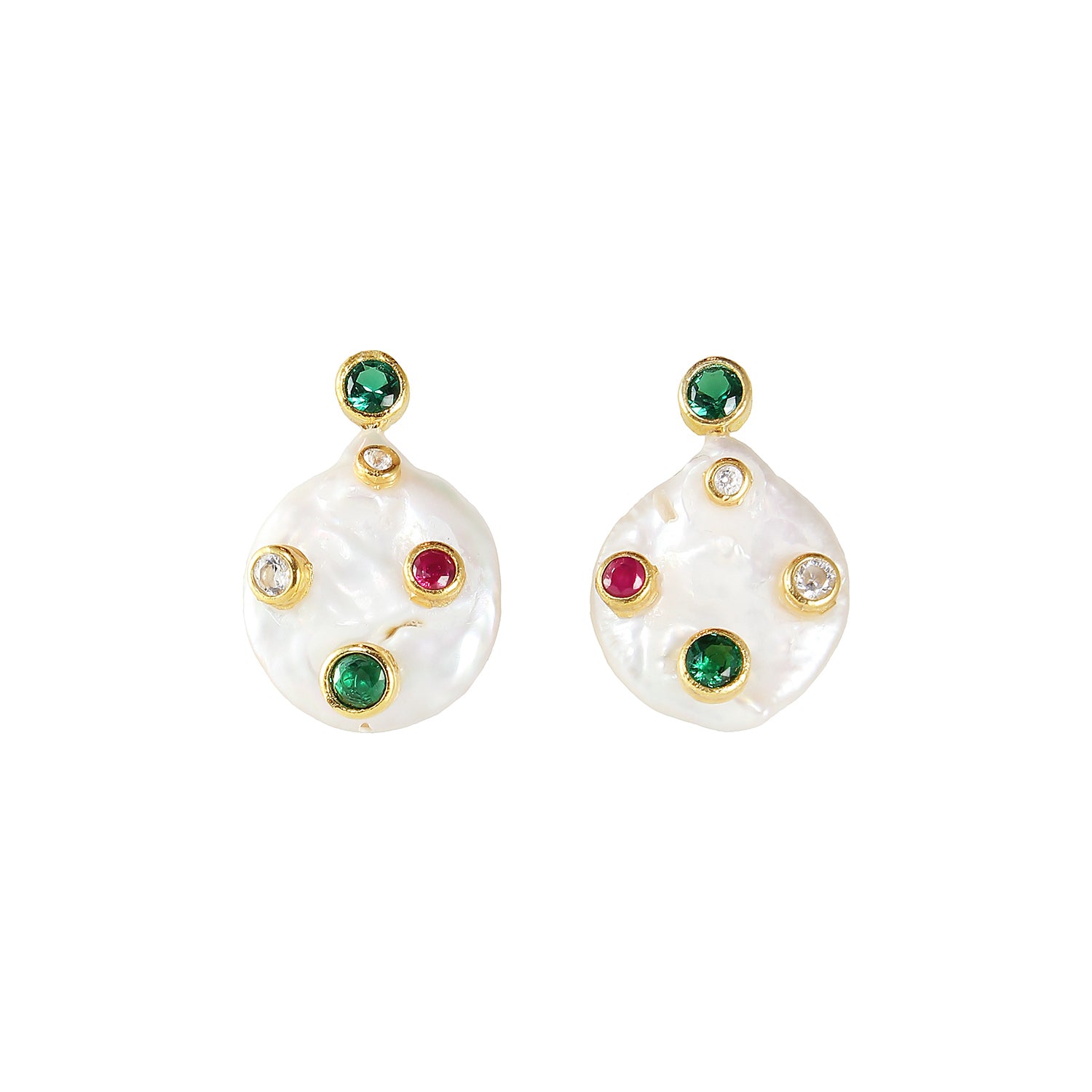 sliver gold plated pearl earrings with green onyx red onyx and white cubic zircon from turkey