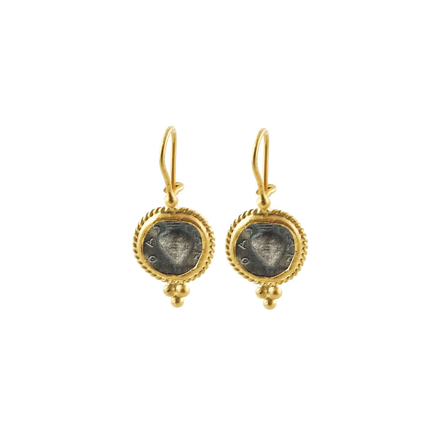 A 22 karat gold earrings framing a replica byzantine coin will add some history to your life.