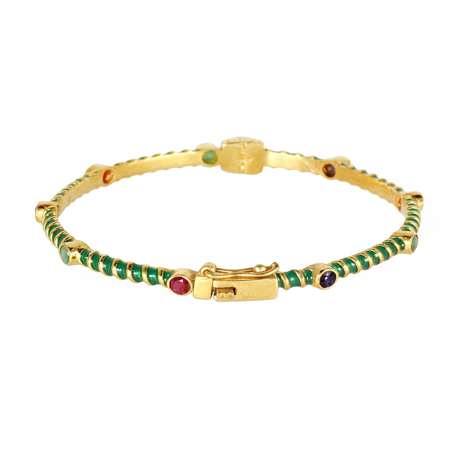 Silver gold plated with green enamel bracelet bangle together with semi precious stones made in India