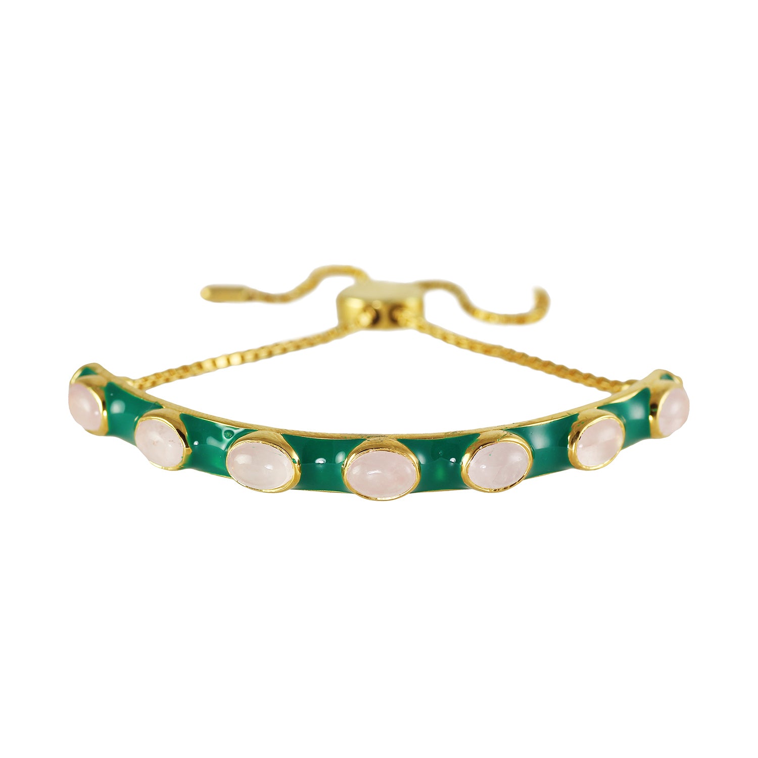 Green enamel and rose quartz stones make this bracelet a standout addition to any stack.  Lovely contrasting colours.   