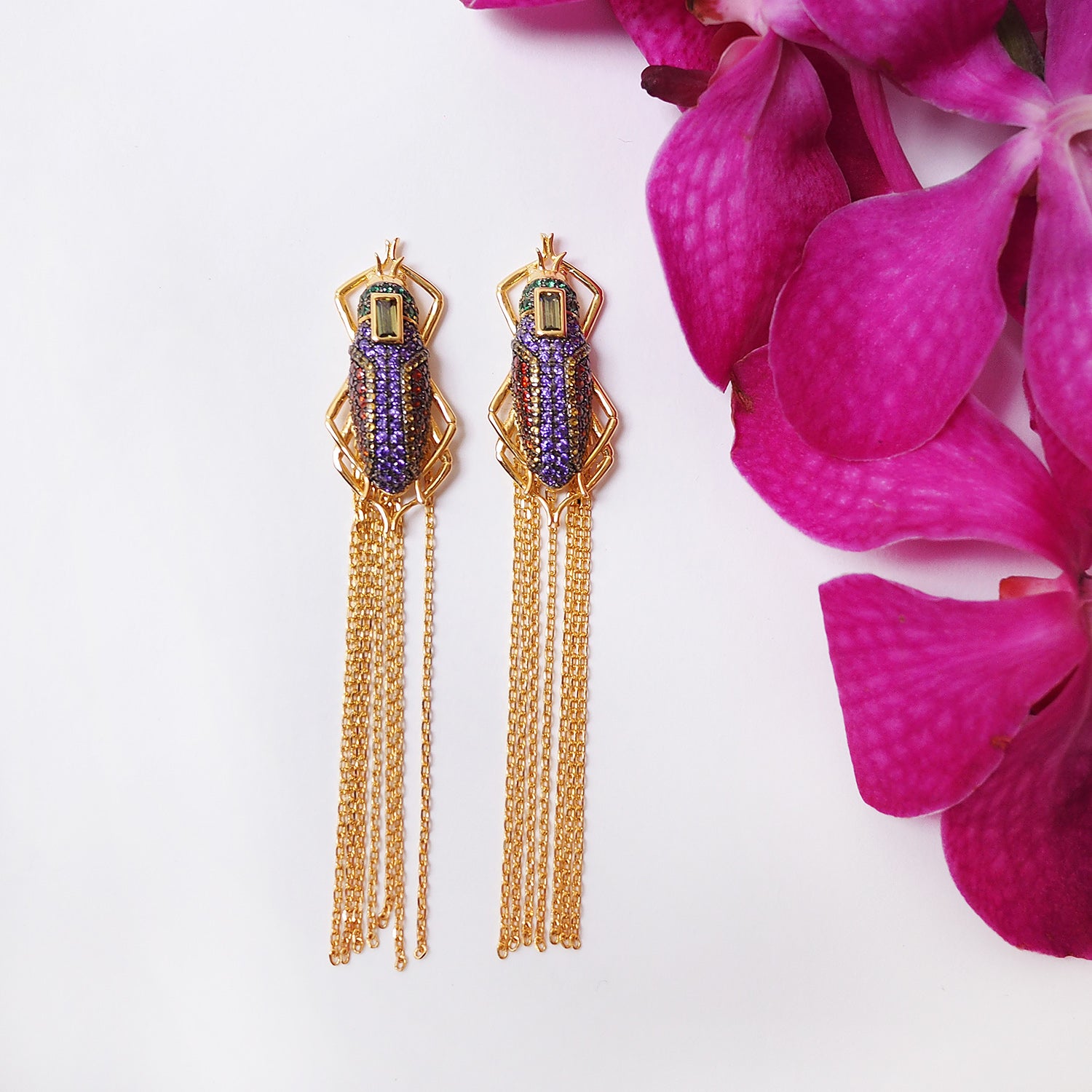 sliver gold plated beetles scarab earrings with colourful CUBIC ZIRCONIA gems stone and tassel from Hong Kong
