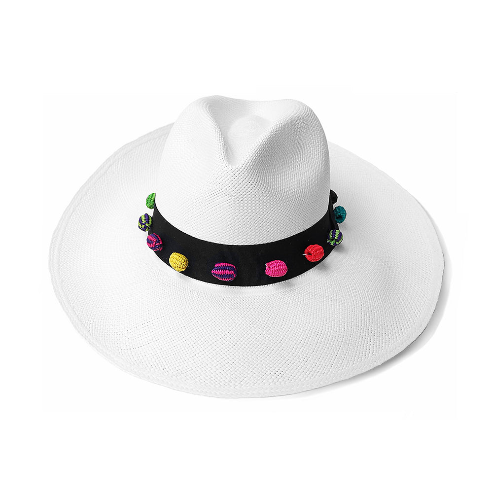 White Panama Hat with colourful weave pom pom beads great for summer