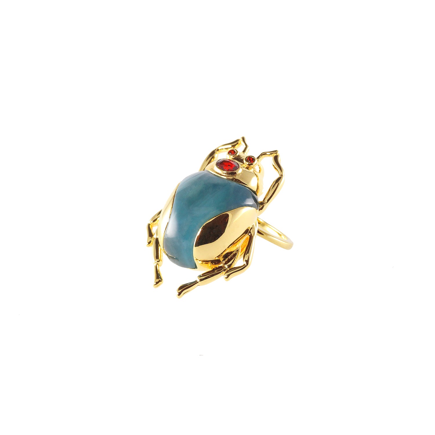 gold plated beetle ring with blue stone and red crystal eye