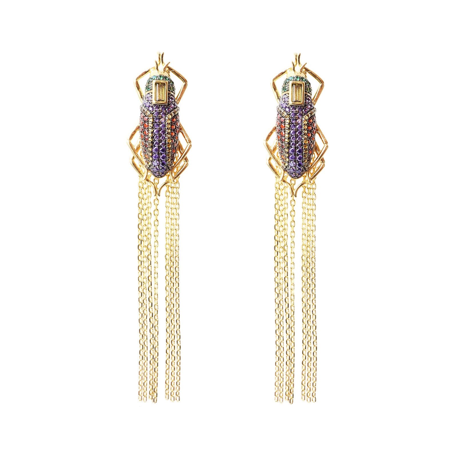 sliver gold plated beetles scarab earrings with colourful CUBIC ZIRCONIA gems stone and tassel from Hong Kong